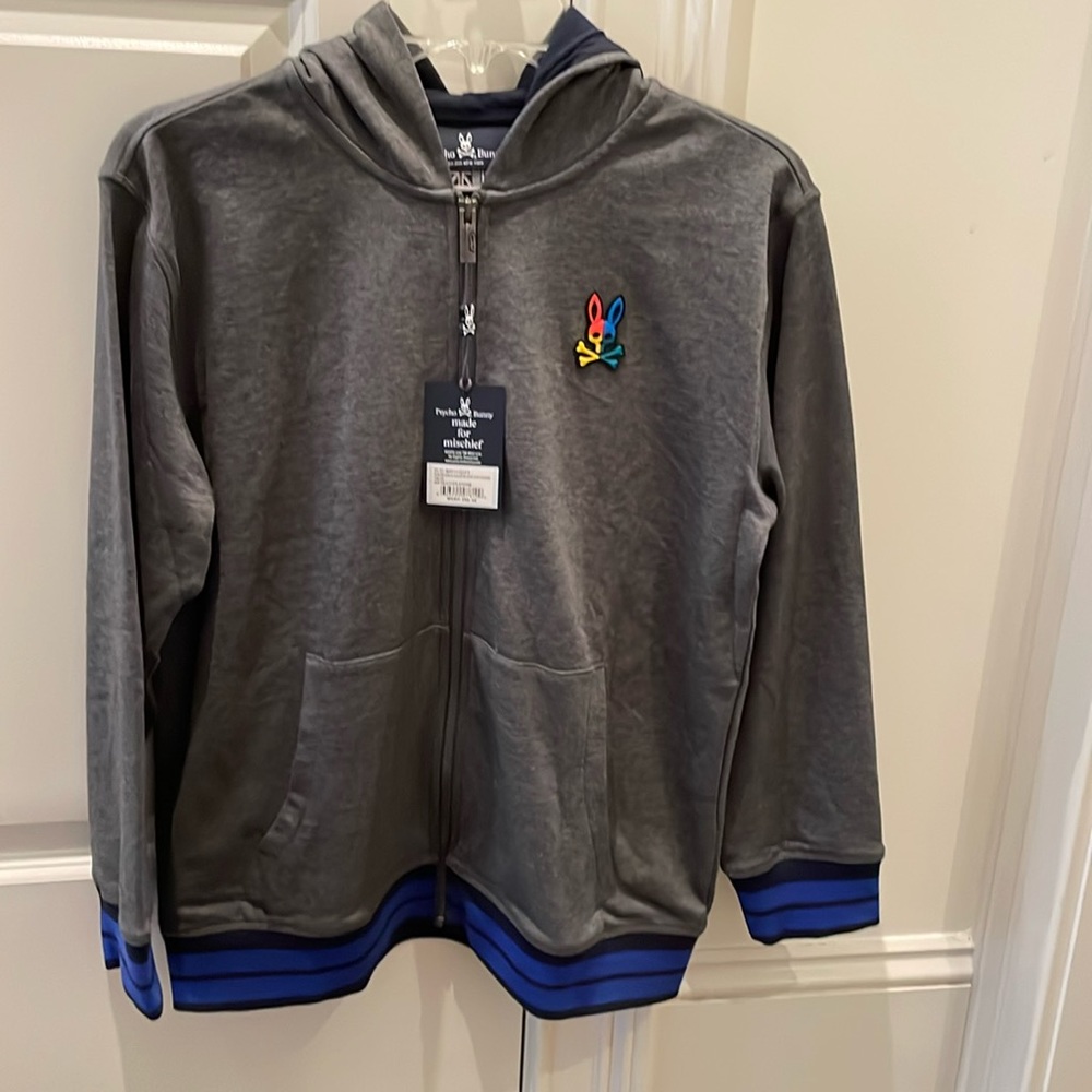 NWT Psycho Bunny Kids size 18/20 gray hoodie with blue trim